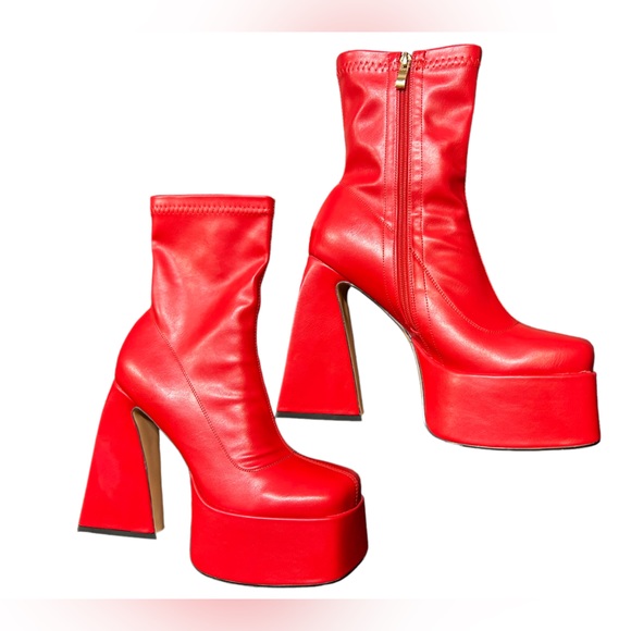 BVIENNIC RED Chunky square toe platform ankle GO-GO Boots w Heels EU42 - Picture 5 of 15